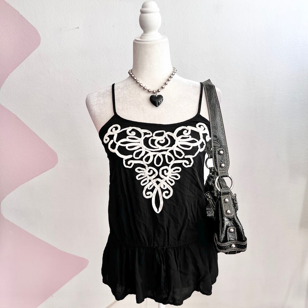Vintage Y2K Black‎ Embroidered Tank Top Indie Sleaze Soft Grunge Retro Small
